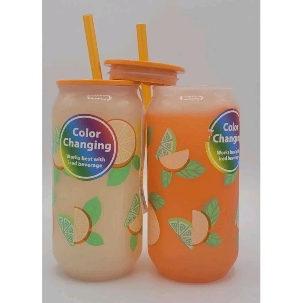NEW Set Of 2 - 20oz Color Changing Tumbler Lid Straw Orange Summer Fruit